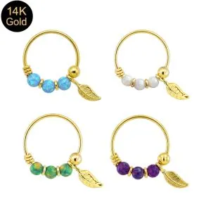 9K Yellow Gold Opal Stones with Leaf Hoop Nose Ring