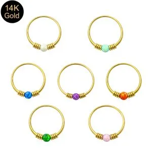 14K Solid Gold Opal Nose Ring Hoop – Spring Coil 22G 8mm Nose & Tragus Piercing Jewelry