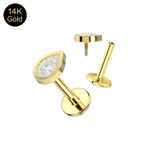 14K Solid Gold Teardrop CZ Internally Threaded Labret (Choice of Base)