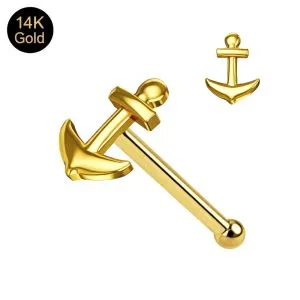 14K Solid Yellow Gold Anchor Nose Stud 22G – Ball End Nose Pin