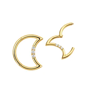 14K Solid Yellow Gold Crescent Moon CZ Jeweled Hinged Segment Clicker Ring | 16G