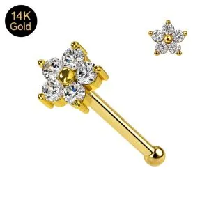 14K Solid Yellow Gold CZ Flower Nose Stud 22G – Ball End Nose Pin