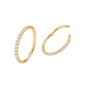 14K solid yellow gold 16G eternity CZ clicker ring (SEG117-14K) shown in open and closed positions for professional inventory verification.