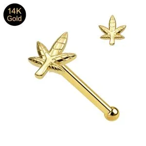 14K Solid Yellow Gold Marijuana Leaf Nose Stud 22G – Ball End Nose Pin