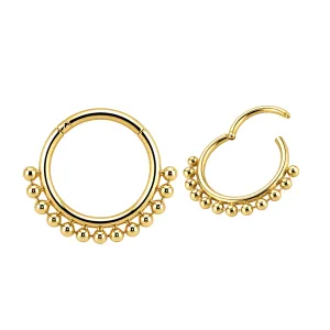 14K solid yellow gold 18G tribal clicker ring with a beaded edge design shown in open and closed positions for wholesale verification.