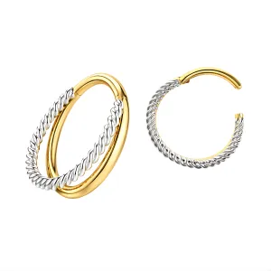 14K Two-Tone Gold Twisted Rope Double Stack Hinged Segment Clicker Ring | 18G