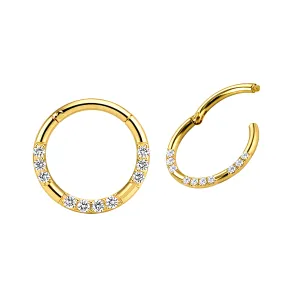 14K solid yellow gold multi-stone sparkle hinged clicker ring shown in closed and open positions.