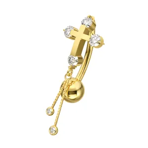 14K Yellow Gold CZ Jeweled Cross Dangling Style Reverse Belly Bar