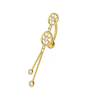 14K Yellow Gold Double Wheeled CZ Jeweled Dangling Reverse Navel Belly Bar