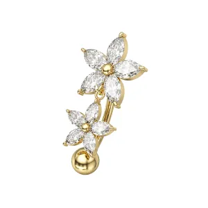 14K Yellow Gold Flower Dangling CZ Jeweled Belly Ring