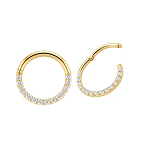 14K solid yellow gold Infinity-Edge CZ jeweled hinged segment clicker ring shown in open and closed positions for professional inventory selection.