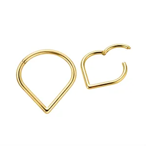 14K solid yellow gold triangle-shaped hinged segment clicker ring shown in open and closed positions.