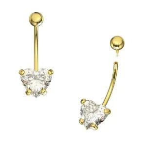 14K Yellow Gold Heart CZ Jeweled Internally Threaded Belly Bar