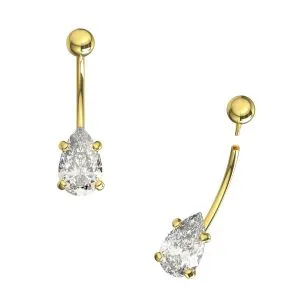 14K Yellow Gold Pear CZ Jeweled Internally Threaded Belly Bar