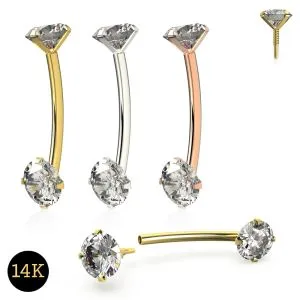 14K Gold Internally Threaded Round CZ Jeweled Eyebrow Piercing