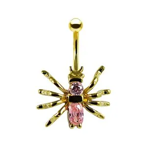 14K Gold Pink Jeweled Spider Navel Belly Piercing Bar