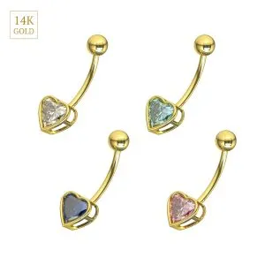 14K Yellow Gold 6MM Heart CZ Jeweled Navel Belly Bar