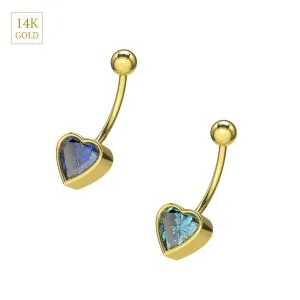 14K Yellow Gold 8MM Heart CZ Jeweled Navel Belly Bar