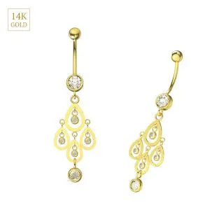 14K Yellow Gold Clear Cubic Zirconia Dangling Navel Belly Ring