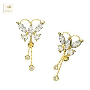 14K Yellow Gold Marquise CZ Jeweled Butterfly Dangling Reverse Navel Belly Bar