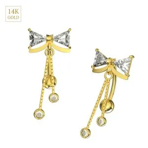 14K Yellow Gold CZ Jeweled Bow Style Dangling Navel Belly Bar