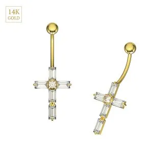 14K Yellow Gold Baguette CZ Jeweled Cross Navel Belly Bar