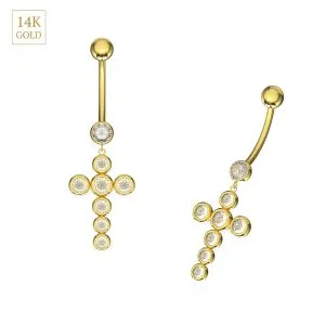 14K Yellow Gold Round CZ Jeweled Cross Belly Bar