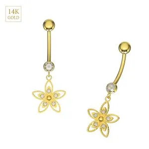 14K Yellow Gold CZ Jeweled Flower Design Dangling Navel Belly Bar