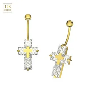 14K Yellow Gold CZ Jeweled Cross Navel Belly Bar