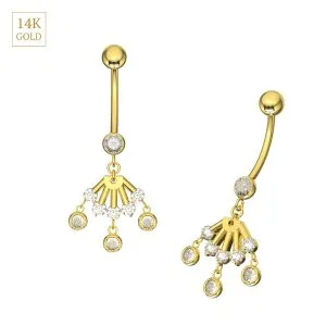 14K Yellow Gold CZ Jeweled Dangling Belly Bar