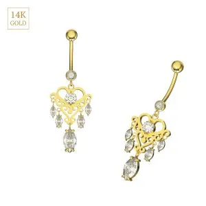 14K Gold Marquise CZ Jeweled Dangling Belly Bar