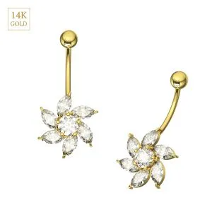 14k Yellow Gold Flower CZ Jeweled Belly Ring