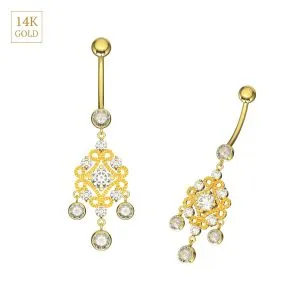 14K Yellow Gold Zirconia Jeweled Dangling Belly Bar