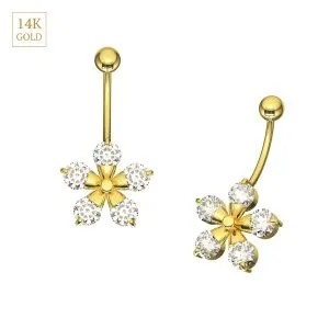 14K Yellow Gold Flower CZ Jeweled Belly Bar
