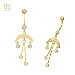 14K Yellow Gold Crescent CZ Jeweled Belly Ring