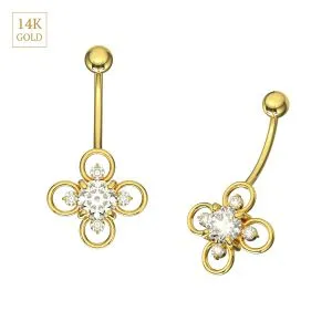 14K Yellow Gold Ring Flower Jeweled Belly Ring