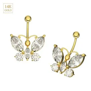 14K Yellow Gold Butterfly CZ Jeweled Belly Ring