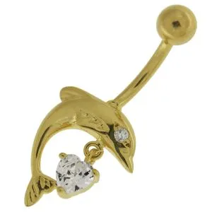 Jumping Dolphin with Dangling Jeweled Heart 14K Yellow Gold Belly Ring