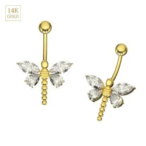 14K Yellow Gold Dragonfly CZ Jeweled Belly Ring