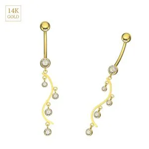 14K Yellow Gold Stones Dangling Jeweled Navel Belly Button Ring