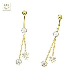 14K Yellow Gold CZ Flower Dangling Belly Button Ring