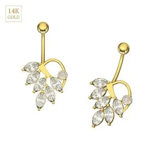 14K Yellow Gold Leaf CZ Jeweled Belly Button Ring
