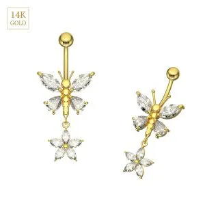 14K Yellow Gold Butterfly And Flower Dangling Belly Button Ring