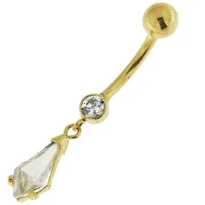 14K Yellow Gold Banana Dangling Pear Jeweled Belly Bar