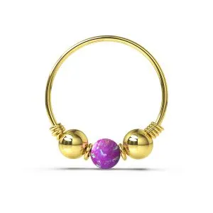 9K Yellow Gold Spring Coil end with Opal center Nose Hoop Ring