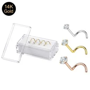 14K Gold Round Cubic Zirconia Nose Screw Box | 20G, 22G