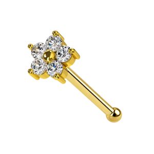 14K Solid Yellow Gold CZ Flower Nose Stud 22G – Ball End Nose Pin