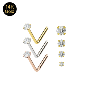 14K Solid Gold CZ L-Bend Nose Stud | 18G, 20G, 22G, 24G