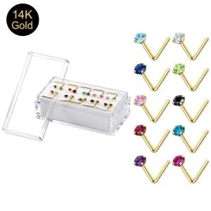 14K Gold Crystal Jeweled L Bend Nose Pin | Different stone size and color