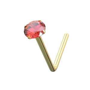 14K solid yellow gold L-bend nose stud featuring a bold red prong-set round crystal.